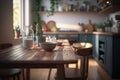 Wood table top island with blur kitchen room interior in morning. Royalty Free Stock Photo