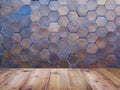 Wood table top over hexagon clay wall tiles Royalty Free Stock Photo