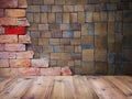 Wood table top over square clay tiles and brick wall pattern Royalty Free Stock Photo