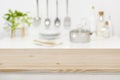 Wood table top for product display on blurred kitchen background Royalty Free Stock Photo