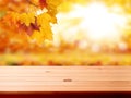 Wood table top on shiny bokeh gold background - can be used for display or montage your products Royalty Free Stock Photo