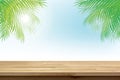 Wood table top on summer tropical sky background with green coconut leaves Royalty Free Stock Photo