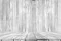 Wood table top with Wooden wall background. Used for product placement or montage. Royalty Free Stock Photo