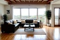 Wood table unoccupied in front of city skyline during