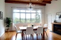 Wood table unoccupied in front of city skyline during