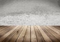 Wood table with White brick wall background Royalty Free Stock Photo