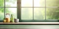 Wood table and window with plant with sun light copy space blurred background Royalty Free Stock Photo