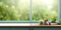 Wood table and window with plant with sun light copy space blurred background Royalty Free Stock Photo