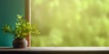 Wood table and window with plant with sun light copy space blurred background Royalty Free Stock Photo