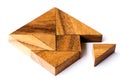 Wood tangram in square shape that wait triangle piece to fulfill on white background