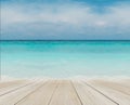 Wood Terrace on The Beach with Clear Sky, Blue Sea and Copyspace for Mock up to Display Product or input Text Royalty Free Stock Photo