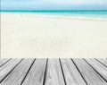 Wood Terrace on The Beach with Clear Sky,Blue Sea and White Sand to input Text Royalty Free Stock Photo