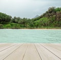 Wood Terrace on The Beach with Clear Sky, Crystal Clear Sea and Various Tree on Island of Thailand in Background for Mock up to Di Royalty Free Stock Photo
