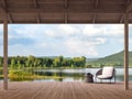 Wood terrace with beautiful lake and mountain view 3d render Royalty Free Stock Photo