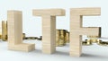 Wood text ltf and gold coins 3d rendering for business content