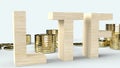 Wood text ltf and gold coins 3d rendering for business content