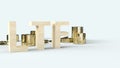 Wood text ltf and gold coins 3d rendering for business content