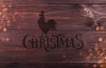 Wood Texture Background pattern with Christmas Typographical, rooster and sparking.