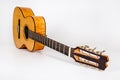 Wood texture of lower deck of six strings acoustic guitar on white background. guitar shape Royalty Free Stock Photo