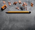 Wood texture pencil with sharpening shavings on dark background