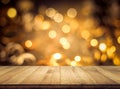 Wood texture table top counter bar with blur light gold bokeh in cafe,restaurant background Royalty Free Stock Photo