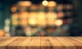 Wood texture table top counter bar with blur light gold bokeh in cafe,restaurant background Royalty Free Stock Photo