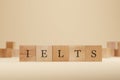 Wood tile blocks with IELTS sign, 3d rendering