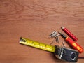 Wood with tools,measure and pencil for joiner work