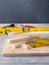 Wood and tools for measuring cutting level DIY craft