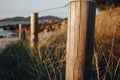 Wood totems on the railway to the beach in Spain Royalty Free Stock Photo