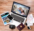 Wood tourist's desk in high definition with laptop, tablet and m Royalty Free Stock Photo