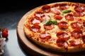 Wood tray presentation of classic pepperoni pizza, Italian food at its best