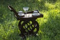 Wood Tray With Wheels And Coffee Cups and Martini Glass In the Nature