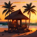 Wood tropical cabin with two palm trees during a sunset at a beautiful beach Royalty Free Stock Photo