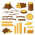 Wood trunks and planks. Raw materials for lumber industry, logs, stumps, tree stubs with bark and wooden bars. Cartoon firewood