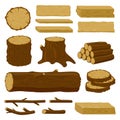 Wood trunks. Tree lumber, wood logs, logging twigs and wooden planks, stacked firewood material isolated vector Royalty Free Stock Photo