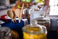 Wood utensil kitchen ware decorate with blurry people in the background