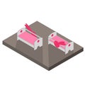 Wood vector Bed With pink Blanket. illustration of a cartoon wooden children for girls with pillows.