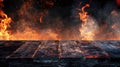 Wood vintage planks on fire background, empty rustic wooden table with flame, smoke and sparks in dark place. Concept of kitchen, Royalty Free Stock Photo