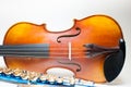 Wood violin body part with blue flute and score Royalty Free Stock Photo