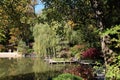 A wood walking path over a lake surrounded by a variety of trees in the fall at Anderson Japanese Garden in IL Royalty Free Stock Photo