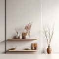 Wood wall floating shelf and vase with twigs near white wall with copy space. Storage organization for home. Interior design of Royalty Free Stock Photo