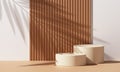 Wood wall product podium 3d display background empty stand wooden platform with abstract shadow light minimal summer backdrop