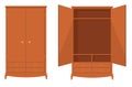 Wood wardrobe. Wooden empty dresser wardrobe vector illustration, wardrobe with drawer, shelves and hangers for bedroom