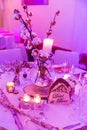 Wood Wedding Table Decoration in Candle and Purple Lighting