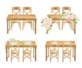 Wood wedding tables set. Watercolor head table with flower arrangements isolated on white. Hand drawn sweetheart table Royalty Free Stock Photo