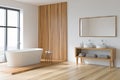 Wood and white bathroom space. Corner view Royalty Free Stock Photo