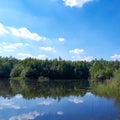 Wood and white clouds in the blue sky reflected in the mirrored water Royalty Free Stock Photo