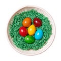 Wood wool nest with Easter eggs, dyed Paschal eggs in a rattan basket