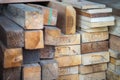 Wood working industry stack of wooden planking lath board joist table close up front view. Royalty Free Stock Photo